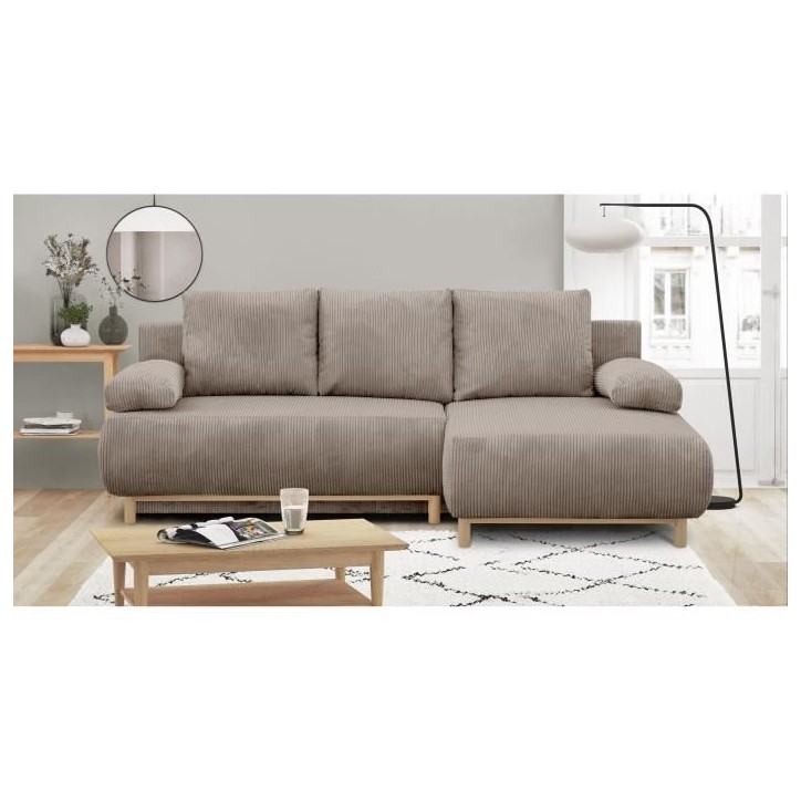 Canapé d'angle droit convertible - 3 places - MIKA - Tissu velours côtelé taupe - Coffre de rangement - 192 x 84 x 93 cm Canapé d'angle droit convertible - 3 places - MIKA - Tissu velours côtelé taupe - Coffre de rangement - 192 x 84 x 93 cm