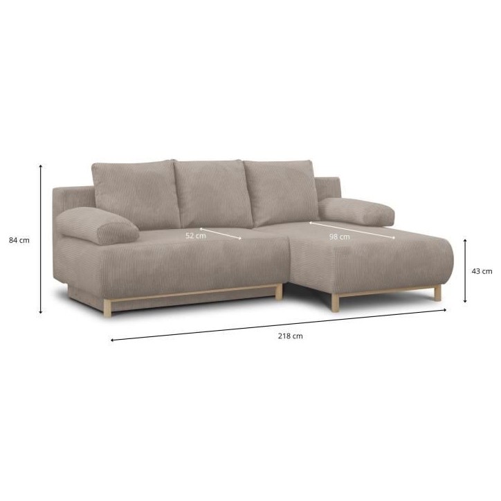 Canapé d'angle droit convertible - 3 places - MIKA - Tissu velours côtelé taupe - Coffre de rangement - 192 x 84 x 93 cm Canapé d'angle droit convertible - 3 places - MIKA - Tissu velours côtelé taupe - Coffre de rangement - 192 x 84 x 93 cm