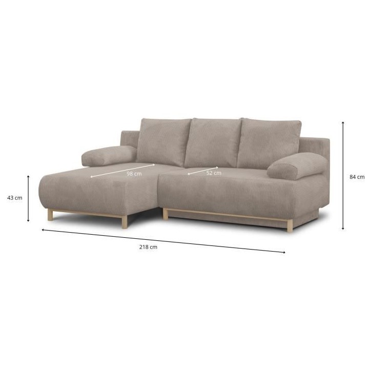 Canapé d'angle gauche convertible - 3 places - MIKA - Tissu velours côtelé taupe - Coffre de rangement - 192 x 84 x 93 cm Canapé d'angle gauche convertible - 3 places - MIKA - Tissu velours côtelé taupe - Coffre de rangement - 192 x 84 x 93 cm