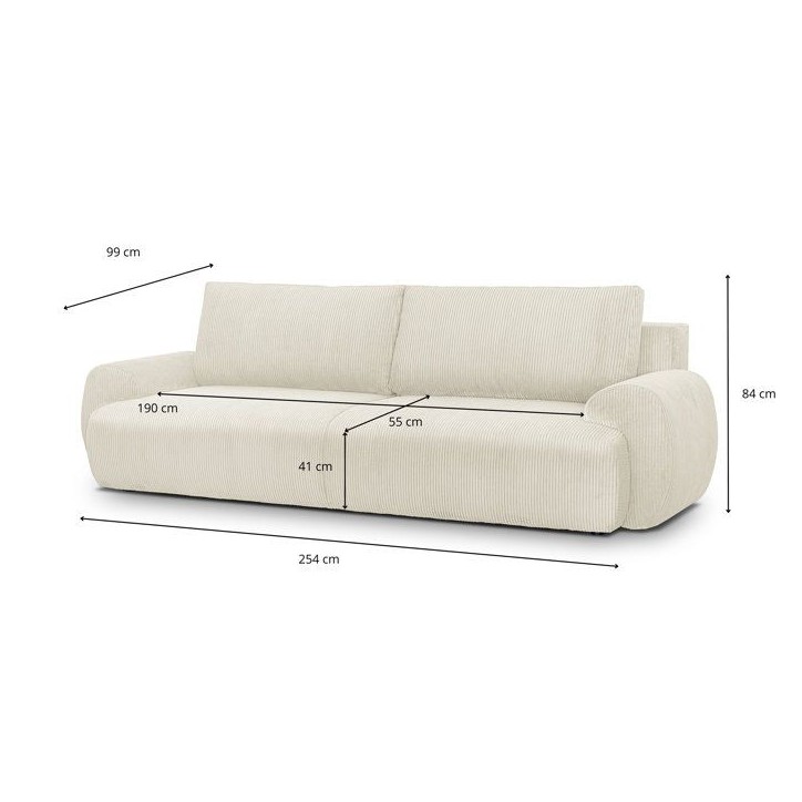 Canapé convertible - 3 places - MILO - Tissu velours côtelé Beige - Coffre de rangement - 254 x 99 x 84 cm Canapé convertible - 3 places - MILO - Tissu velours côtelé Beige - Coffre de rangement - 254 x 99 x 84 cm