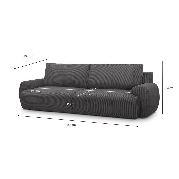 Canapé convertible - 3 places - MILO - Tissu velours côtelé Gris Anthracite - Coffre de rangement - 254 x 99 x 84 cm Canapé convertible - 3 places - MILO - Tissu velours côtelé Gris Anthracite - Coffre de rangement - 254 x 99 x 84 cm