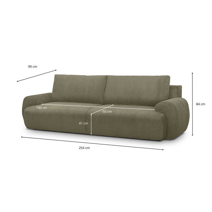 Canapé convertible - 3 places - MILO - Tissu velours côtelé Vert kaki - Coffre de rangement - 254 x 99 x 84 cm Canapé convertible - 3 places - MILO - Tissu velours côtelé Vert kaki - Coffre de rangement - 254 x 99 x 84 cm