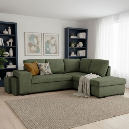 Canapé d'angle convertible réversible - 4/5 places - MITCHELL - Tissu velours côtelé Kaki - Coffre, Poufs - 247 x 205 x 91 c