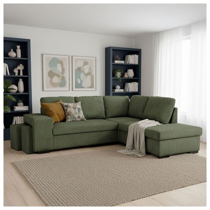 Canapé d'angle convertible réversible - 4/5 places - MITCHELL - Tissu velours côtelé Kaki - Coffre, Poufs - 247 x 205 x 91 c Canapé d'angle convertible réversible - 4/5 places - MITCHELL - Tissu velours côtelé Kaki - Coffre, Poufs - 247 x 205 x 91 c