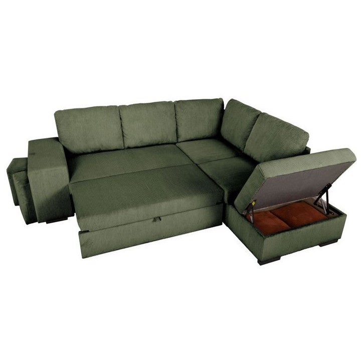 Canapé d'angle convertible réversible - 4/5 places - MITCHELL - Tissu velours côtelé Kaki - Coffre, Poufs - 247 x 205 x 91 c Canapé d'angle convertible réversible - 4/5 places - MITCHELL - Tissu velours côtelé Kaki - Coffre, Poufs - 247 x 205 x 91 c