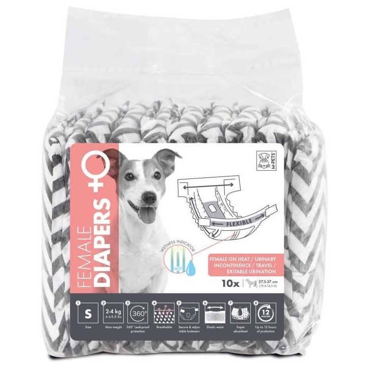 Couches pour chien - M PETS - DIAPERS - Femelle S x10 - Tour de taille 17,5-37 cm - 2-4 kg - Indicateur d'humidité - 12h protec Couches pour chien - M PETS - DIAPERS - Femelle S x10 - Tour de taille 17,5-37 cm - 2-4 kg - Indicateur d'humidité - 12h protec