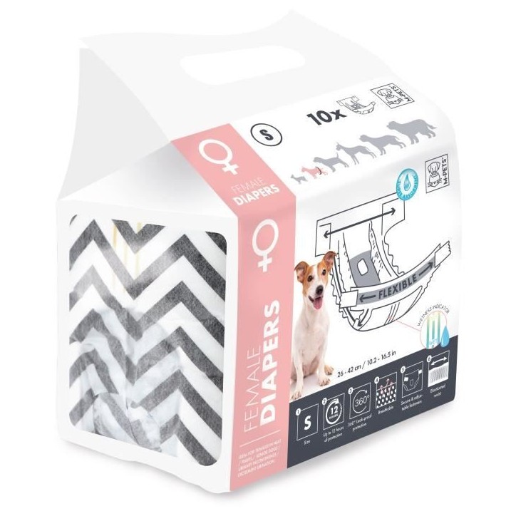 Couches pour chien - M PETS - DIAPERS - Femelle S x10 - Tour de taille 17,5-37 cm - 2-4 kg - Indicateur d'humidité - 12h protec Couches pour chien - M PETS - DIAPERS - Femelle S x10 - Tour de taille 17,5-37 cm - 2-4 kg - Indicateur d'humidité - 12h protec