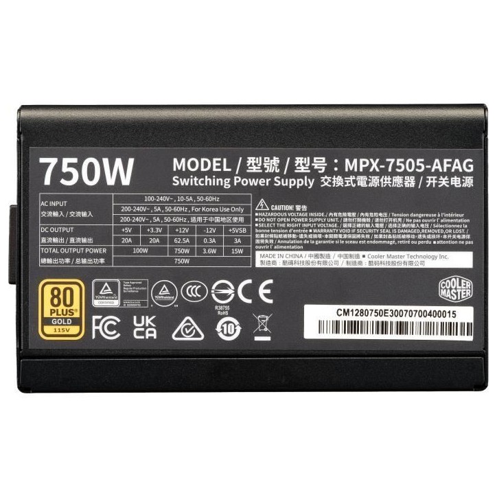 Alimentation - COOLER MASTER - ELITE GOLD 750W - 80 Plus - ATX 3.1 Alimentation - COOLER MASTER - ELITE GOLD 750W - 80 Plus - ATX 3.1