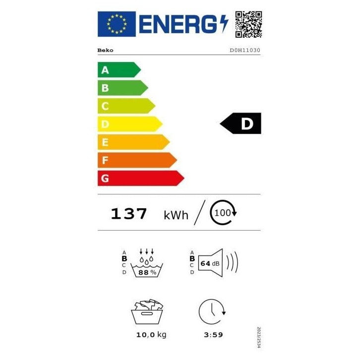 Seche-linge pompe a chaleur BEKO b300 Eco sense D0H11030 - 10 kg - L60cm - Blanc Seche-linge pompe a chaleur BEKO b300 Eco sense D0H11030 - 10 kg - L60cm - Blanc