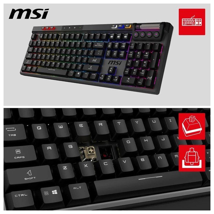 Clavier gamer sans fil - Switches Kailh Midnight Pro Silent - MSI STRIKE PRO Wireless - Format standard - RGB - Noir Clavier gamer sans fil - Switches Kailh Midnight Pro Silent - MSI STRIKE PRO Wireless - Format standard - RGB - Noir