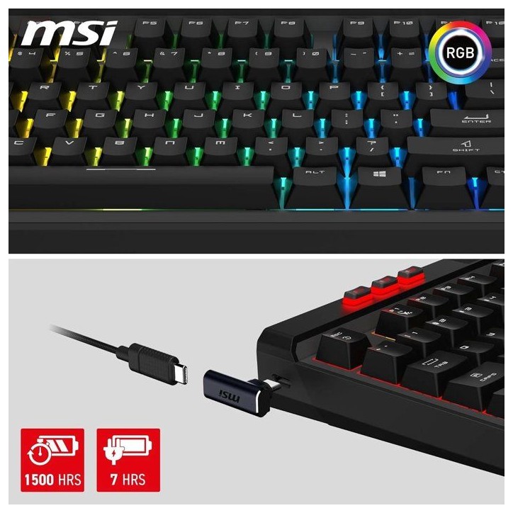 Clavier gamer sans fil - Switches Kailh Midnight Pro Silent - MSI STRIKE PRO Wireless - Format standard - RGB - Noir Clavier gamer sans fil - Switches Kailh Midnight Pro Silent - MSI STRIKE PRO Wireless - Format standard - RGB - Noir