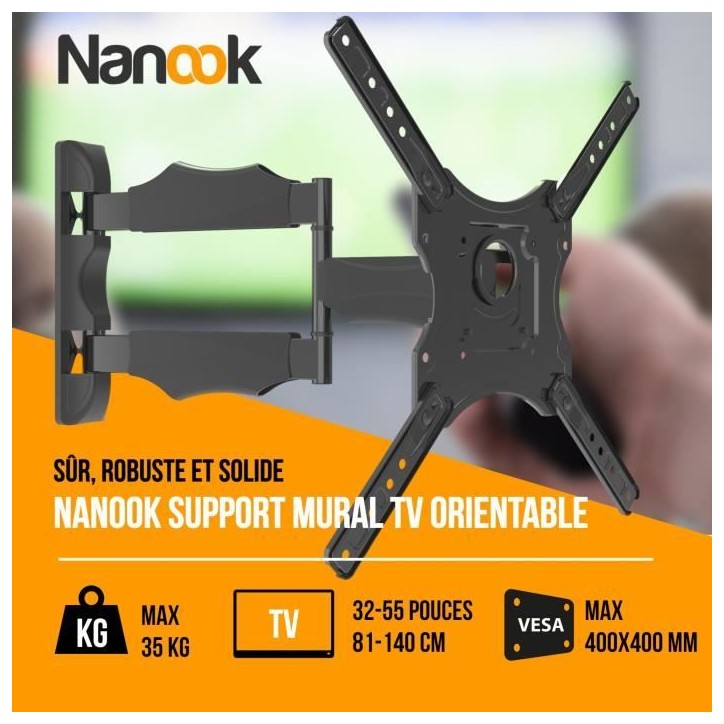 NANOOK Support Mural orientable pour téléviseurs 32-55 Pouces - Inclinable - Support Mural pour téléviseurs LCD, LED, QLED e NANOOK Support Mural orientable pour téléviseurs 32-55 Pouces - Inclinable - Support Mural pour téléviseurs LCD, LED, QLED e