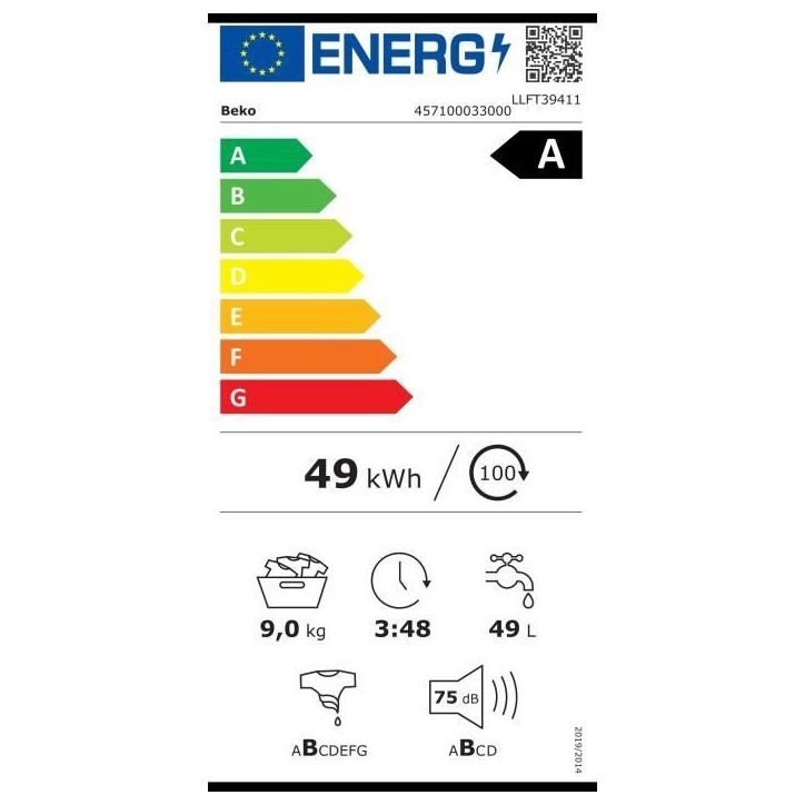 Lave-linge hublot BEKO LLFT39411 - 9 kg - Induction - L60cm - 1400 trs/min - Classe A - Blanc