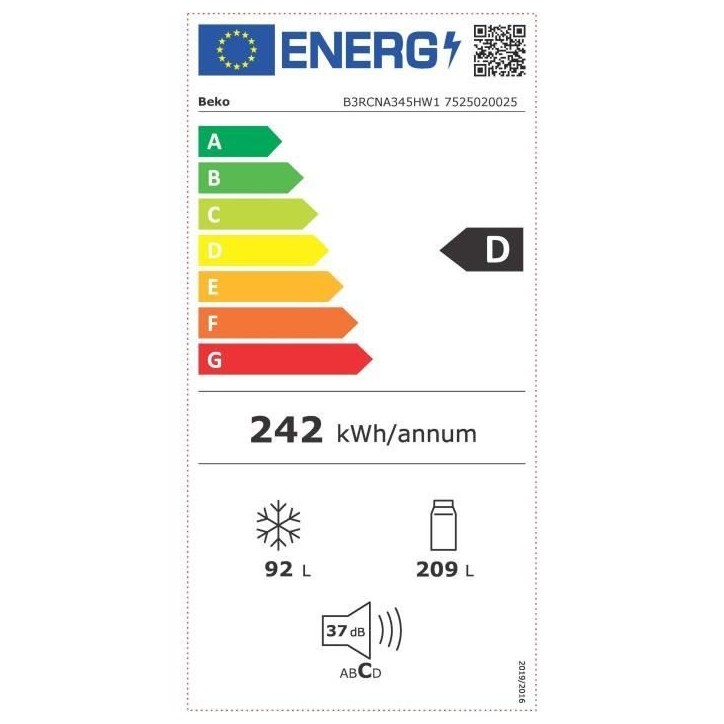 Réfrigérateur combiné - BEKO série bPro500 - B3RCNA345HW1 - Classe D - 301 L - 59,5 x 66,5 x 179,6 cm - Blanc