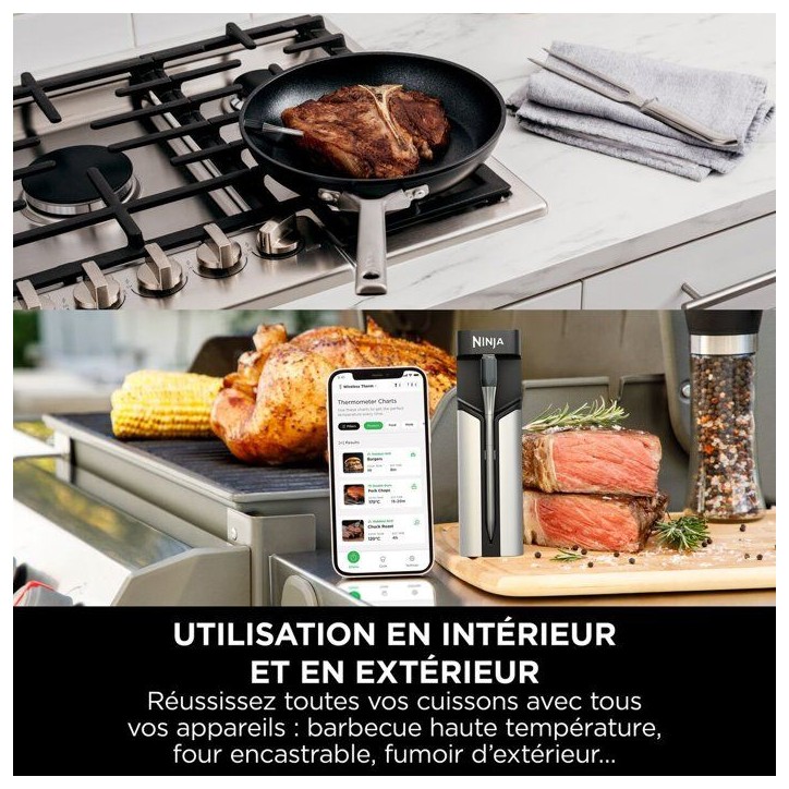 Thermosonde connectée NINJA - WP100EU - ProChef sans fil - Suivi Bluetooth/Wi-Fi - Pour cuisson et grill Thermosonde connectée NINJA - WP100EU - ProChef sans fil - Suivi Bluetooth/Wi-Fi - Pour cuisson et grill