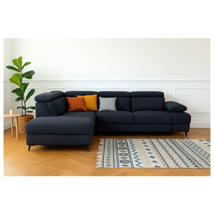 Canapé d'angle convertible - 5 places - NINA - Tissu Noir - Coffre - 255 x 208 x 73 cm