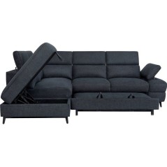 Canapé d'angle convertible - 5 places - NINA - Tissu Noir - Coffre -