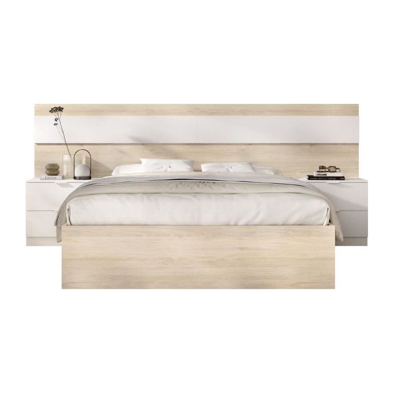 Lit adulte avec chevets intégrés NIZA - 140 x 190 cm - Chene naturel