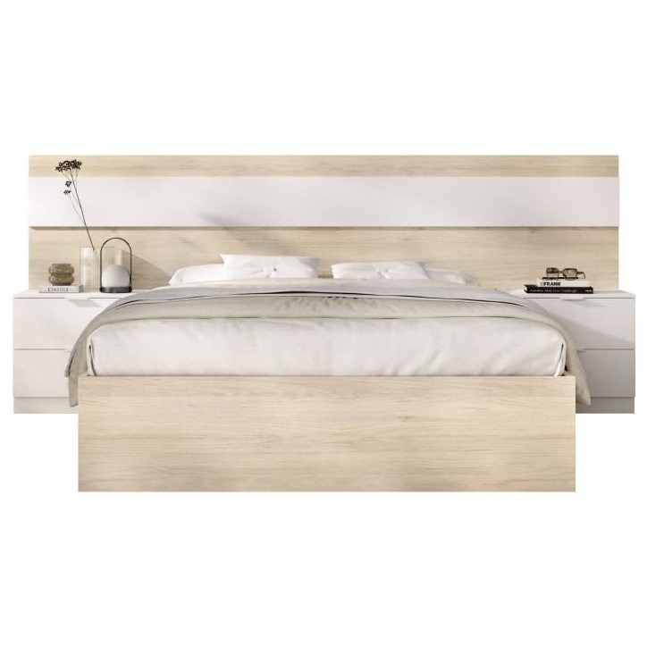 Lit adulte avec chevets intégrés NIZA - 140 x 190 cm - Chene naturel / Blanc Lit adulte avec chevets intégrés NIZA - 140 x 190 cm - Chene naturel / Blanc
