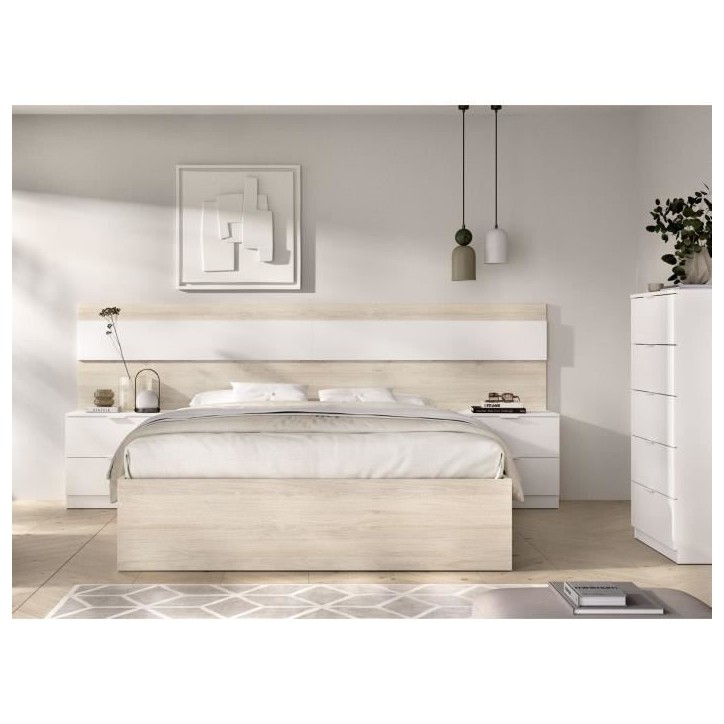 Lit adulte avec chevets intégrés NIZA - 140 x 190 cm - Chene naturel / Blanc Lit adulte avec chevets intégrés NIZA - 140 x 190 cm - Chene naturel / Blanc