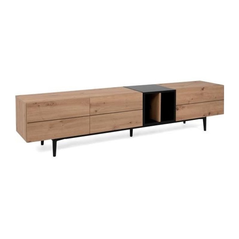 Meuble TV 3 abattants - Décor chene et noir - L 195 x P 37 x H 48 cm