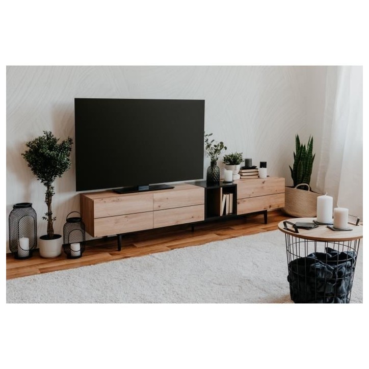 Meuble TV 3 abattants - Décor chene et noir - L 195 x P 37 x H 48 cm - NOLA Meuble TV 3 abattants - Décor chene et noir - L 195 x P 37 x H 48 cm - NOLA