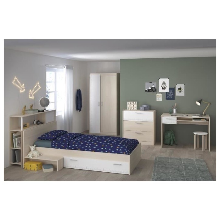 PARISOT Chambre enfant complete - Tete de lit + lit + commode + armoire + bureau - contemporain - Décor acacia clair et blanc -
