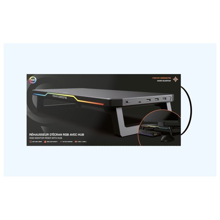 Réhausseur d'écran - NOVA GAMING - Celestium - Hub intégré - LED RGB - Noir Réhausseur d'écran - NOVA GAMING - Celestium - Hub intégré - LED RGB - Noir