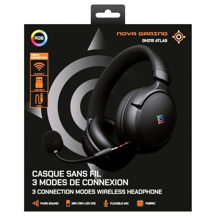 Casque gamer sans fil - NOVA GAMING - Atlas - Micro amovible - LED RGB - Noir Casque gamer sans fil - NOVA GAMING - Atlas - Micro amovible - LED RGB - Noir