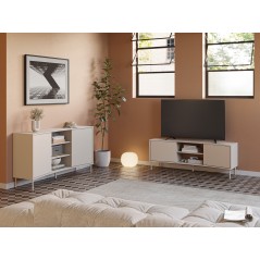 Meuble TV NOVA – Creme – Forme incurvée – 2 portes, 2 niches – 150 x 40 x 55 cm
