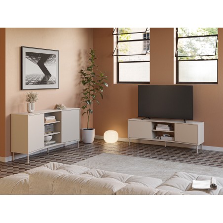 Meuble TV NOVA – Creme – Forme incurvée – 2 portes, 2 niches – 150 x 40 x 55 cm