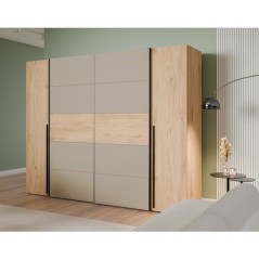 Armoire - Décor Chene et Taupe - 2 portes battantes + 2 portes coulissantes - L270 x P61 x H210 cm - NARAGO