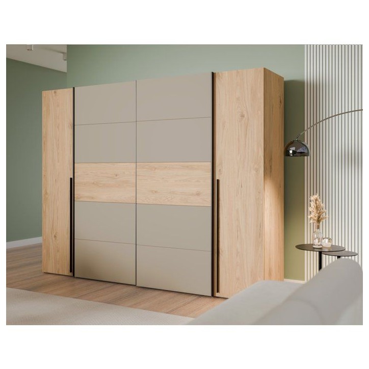 Armoire - Décor Chene et Taupe - 2 portes battantes + 2 portes coulissantes - L270 x P61 x H210 cm - NARAGO Armoire - Décor Chene et Taupe - 2 portes battantes + 2 portes coulissantes - L270 x P61 x H210 cm - NARAGO