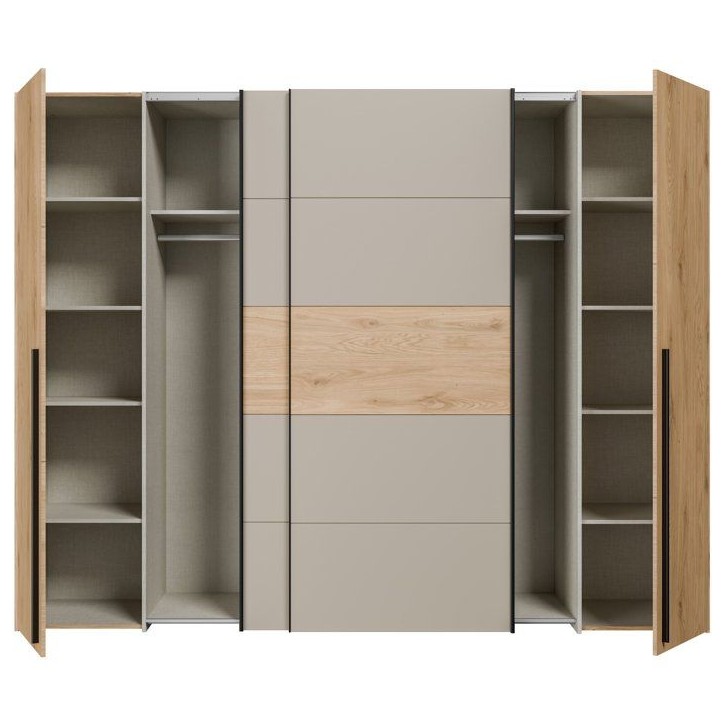 Armoire - Décor Chene et Taupe - 2 portes battantes + 2 portes coulissantes - L270 x P61 x H210 cm - NARAGO Armoire - Décor Chene et Taupe - 2 portes battantes + 2 portes coulissantes - L270 x P61 x H210 cm - NARAGO