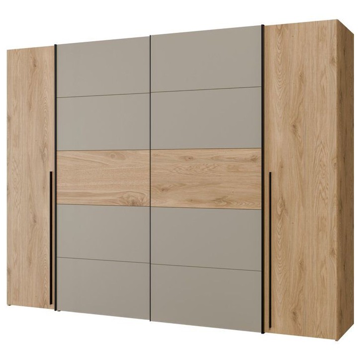 Armoire - Décor Chene et Taupe - 2 portes battantes + 2 portes coulissantes - L270 x P61 x H210 cm - NARAGO Armoire - Décor Chene et Taupe - 2 portes battantes + 2 portes coulissantes - L270 x P61 x H210 cm - NARAGO