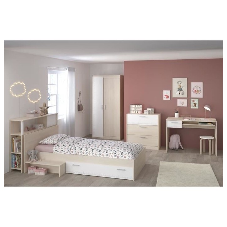 PARISOT Chambre enfant complete - Tete de lit + lit + commode + armoire + bureau - contemporain - Décor acacia clair et blanc -