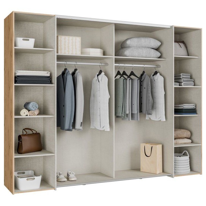 Armoire - Décor Chene et Taupe - 2 portes battantes + 2 portes coulissantes - L270 x P61 x H210 cm - NARAGO Armoire - Décor Chene et Taupe - 2 portes battantes + 2 portes coulissantes - L270 x P61 x H210 cm - NARAGO