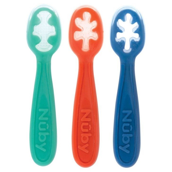 Lot de 3 premieres cuilleres bébé - NUBY - Silicone - Des 6 mois - Bleu / Rouge/ Vert Lot de 3 premieres cuilleres bébé - NUBY - Silicone - Des 6 mois - Bleu / Rouge/ Vert