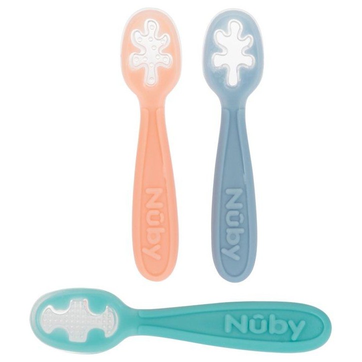 Lot de 3 premieres cuilleres bébé - NUBY - Silicone - Des 6 mois - Rose / Bleu / Vert Lot de 3 premieres cuilleres bébé - NUBY - Silicone - Des 6 mois - Rose / Bleu / Vert