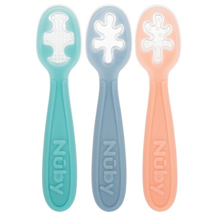 Lot de 3 premieres cuilleres bébé - NUBY - Silicone - Des 6 mois - Rose / Bleu / Vert Lot de 3 premieres cuilleres bébé - NUBY - Silicone - Des 6 mois - Rose / Bleu / Vert