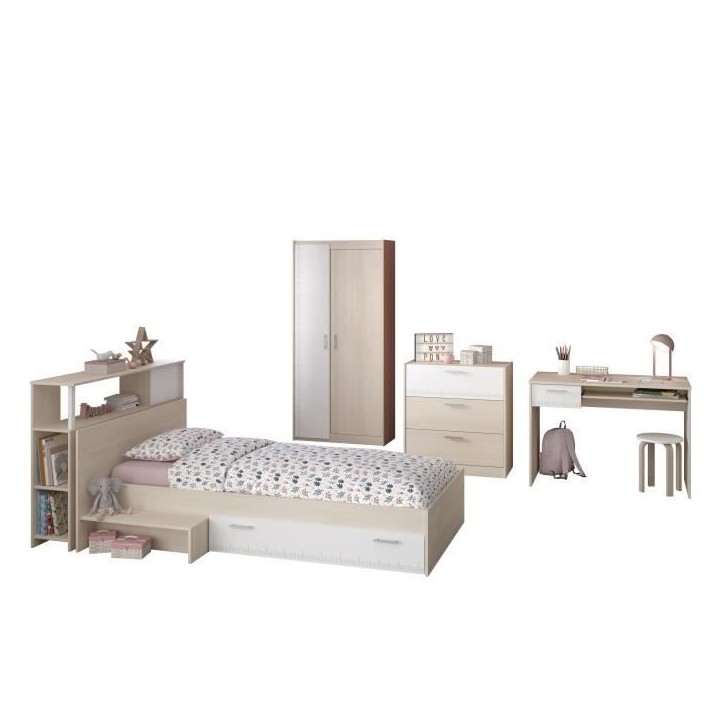 PARISOT Chambre enfant complete - Tete de lit + lit + commode + armoire + bureau - contemporain - Décor acacia clair et blanc -