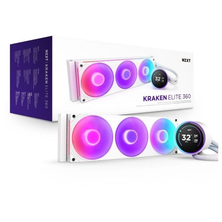 Watercooling - NZXT - RL-KR36E-W2 - Kraken Elite 360 RGB - Écran 2.72, panneau RGB personnalisable et ventilateurs RGB - Blanc Watercooling - NZXT - RL-KR36E-W2 - Kraken Elite 360 RGB - Écran 2.72, panneau RGB personnalisable et ventilateurs RGB - Blanc