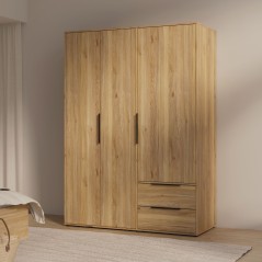 Armoire de chambre - Décor Chene - 3 portes battantes + 2 tiroirs - L