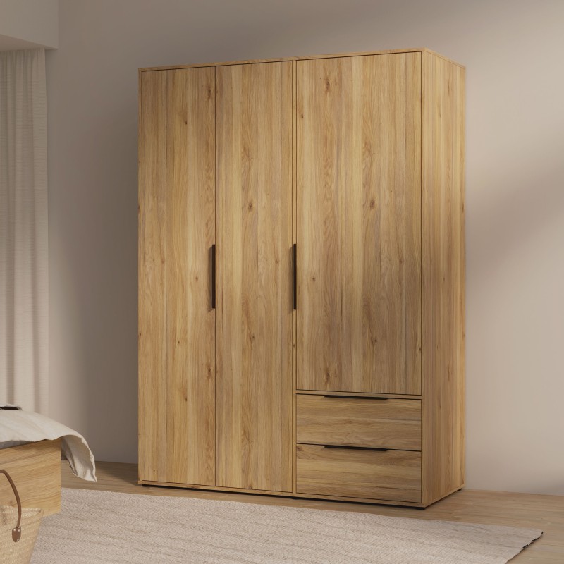 Armoire de chambre - Décor Chene - 3 portes battantes + 2 tiroirs - L