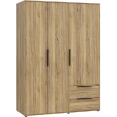Armoire de chambre - Décor Chene - 3 portes battantes + 2 tiroirs - L144,4 x P59 x H200,1 cm - ORKNEY