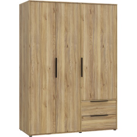 Armoire de chambre - Décor Chene - 3 portes battantes + 2 tiroirs - L144,4 x P59 x H200,1 cm - ORKNEY