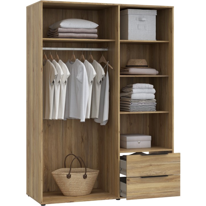 Armoire de chambre - Décor Chene - 3 portes battantes + 2 tiroirs - L144,4 x P59 x H200,1 cm - ORKNEY Armoire de chambre - Décor Chene - 3 portes battantes + 2 tiroirs - L144,4 x P59 x H200,1 cm - ORKNEY