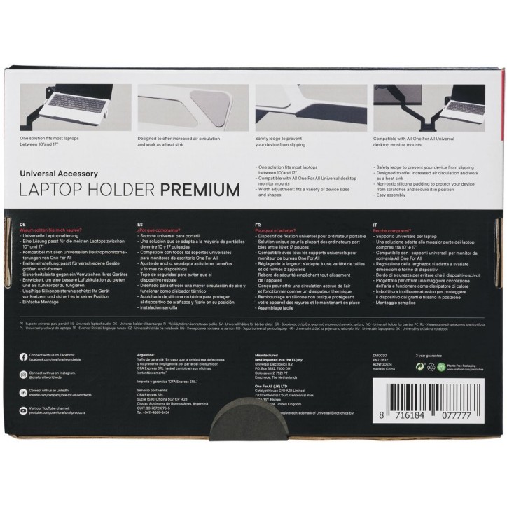 Support pour ordinateur portable - ONE FOR ALL - Vesa 75 - 10 a 17'' max - 9 kgs max - Réglage de la largeur - Rebord de sécur Support pour ordinateur portable - ONE FOR ALL - Vesa 75 - 10 a 17'' max - 9 kgs max - Réglage de la largeur - Rebord de sécur