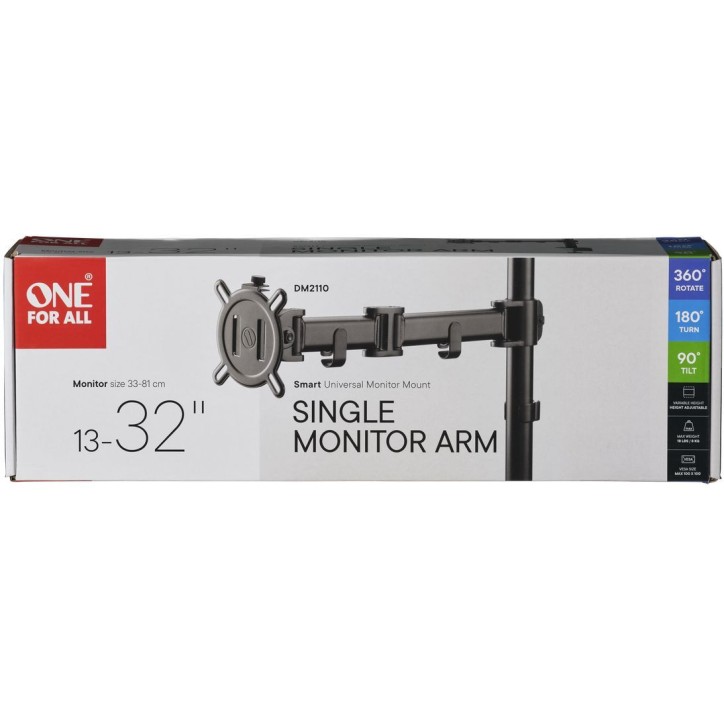 Support moniteur Smart - ONE FOR ALL - Vesa 100 - Simple Bras - 13 et 32'' - 8kgs max - Hauteur réglable - Noir Support moniteur Smart - ONE FOR ALL - Vesa 100 - Simple Bras - 13 et 32'' - 8kgs max - Hauteur réglable - Noir