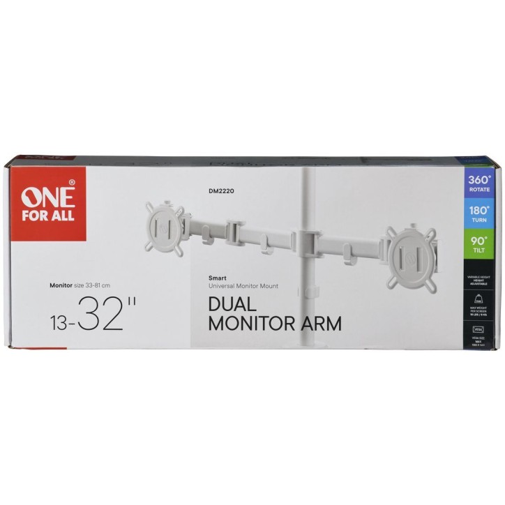 Support moniteur Smart - ONE FOR ALL - Vesa 100 - Double Bras - 13 et 32'' - 8kgs max - Hauteur réglable - Blanc